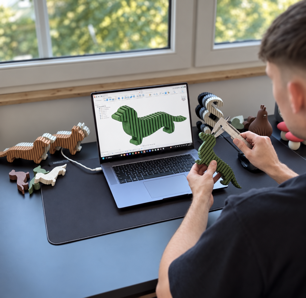 Karl prüft eine Dackelfigur mit dem Messschieber neben seinem eigenen digitalen Modell am Laptop.
